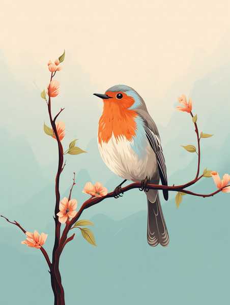创意树枝上的小鸟插画1简约清新动物春天