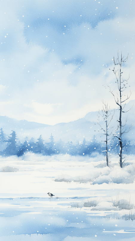 创意简约水彩冬天野外雪天森林雪地雪景插画