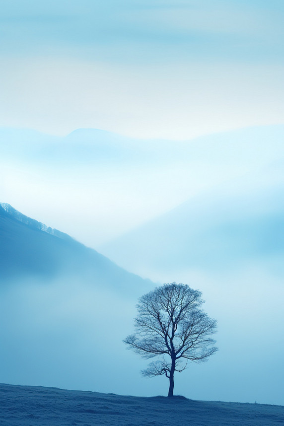潮国创意浅蓝色雾蒙蒙孤独的树12梦幻植物意境抽象大雾