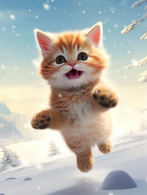 创意冬天的小猫雪中跳跃壁纸17动物宠物雪景