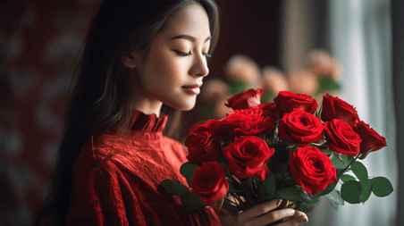 潮国创意女人抱着一束红玫瑰情人节亚洲人像浪漫