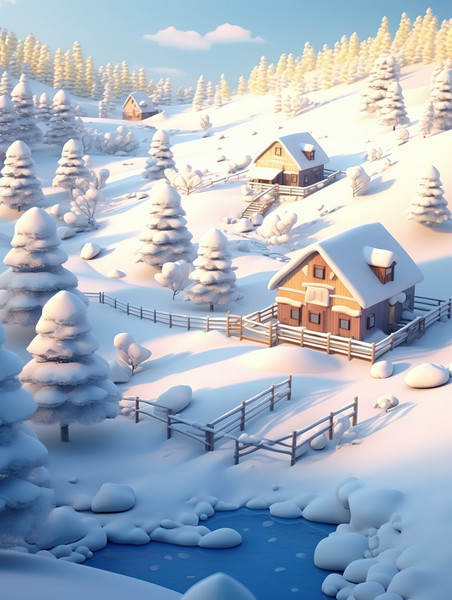 创意被雪覆盖的村庄房屋3插画图片冬天冬季卡通雪景雪地