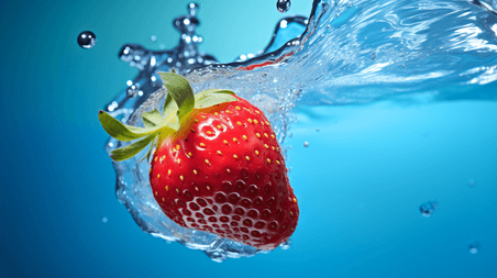 新鲜可口的草莓特写1生鲜水果蓝色背景水洗