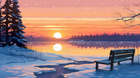 潮国创意日落时在湖边有一张长椅3冬天冬季夕阳长椅风景