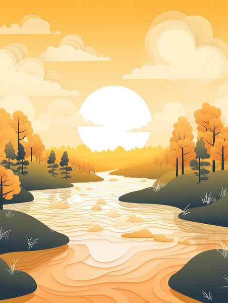 创意阳光明媚的河流剪纸风格7插画设计卡通风景