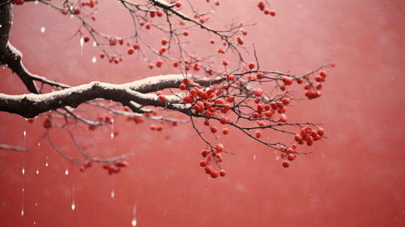 潮国创意红墙外雨雪中的浆果冬天冬季冬日大雪下雪