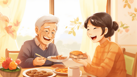 潮国创意老年夫妻用餐聊天和谐插画31吃饭