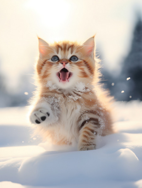 创意冬天的小猫雪中跳跃壁纸2动物宠物雪景