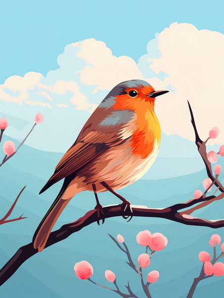 创意树枝上的小鸟插画写实风花鸟动物春天