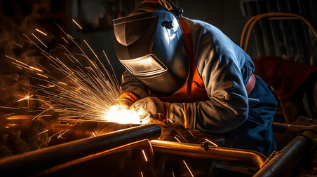 潮国创意带保护面罩的工人焊接金属
