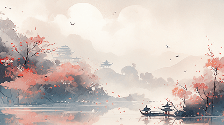 潮国创意唯美传统中国风山水风景插画2抽象游戏意境