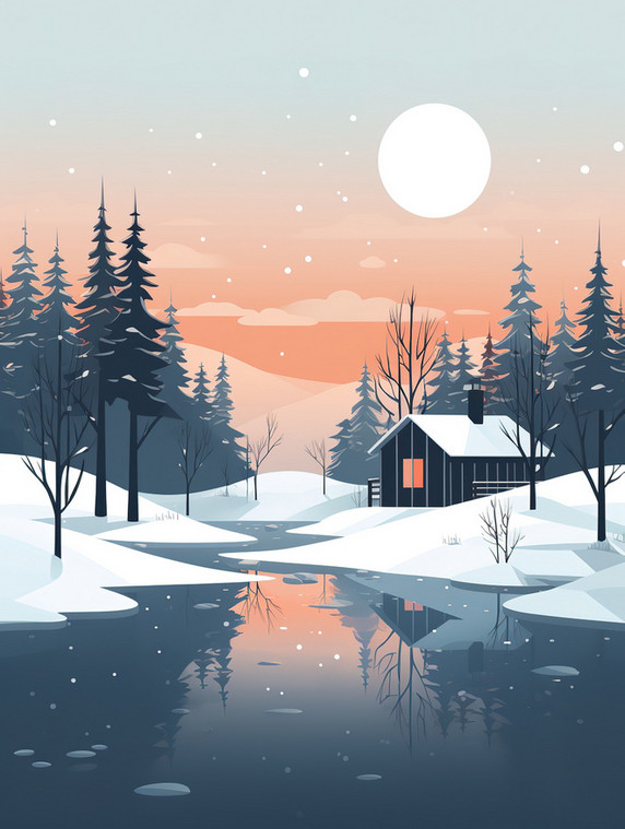 潮国创意白雪包围的冬季小屋3冬天雪景卡通森林扁平插画
