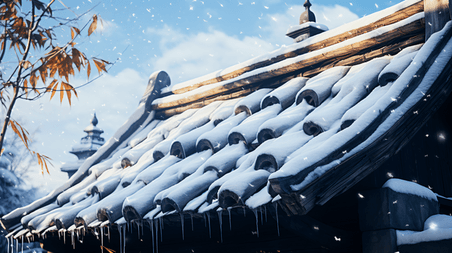 潮国创意冬天冰雪覆盖的屋顶冬天冬季冬日大雪下雪