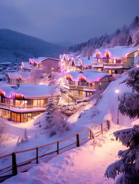 潮国创意冬季雪景小镇夜色12冬天雪乡旅游度假