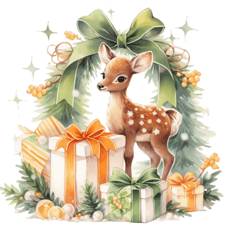 潮国创意圣诞节可爱小鹿卡通礼物手绘元素动物水彩