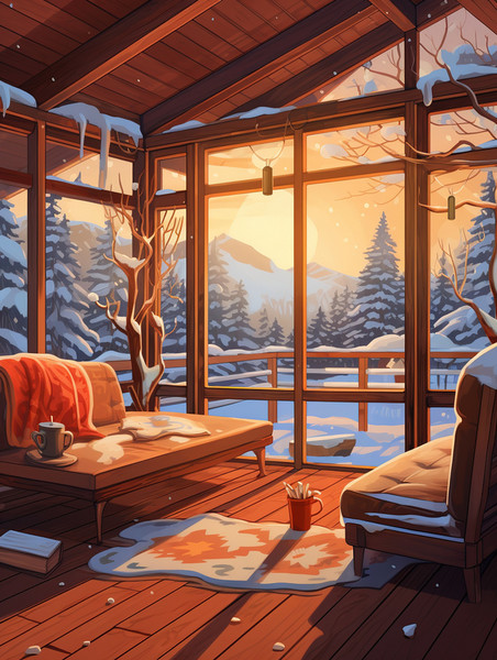 潮国创意温暖木屋窗外雪景20温馨别墅下雪冬天冬季室内