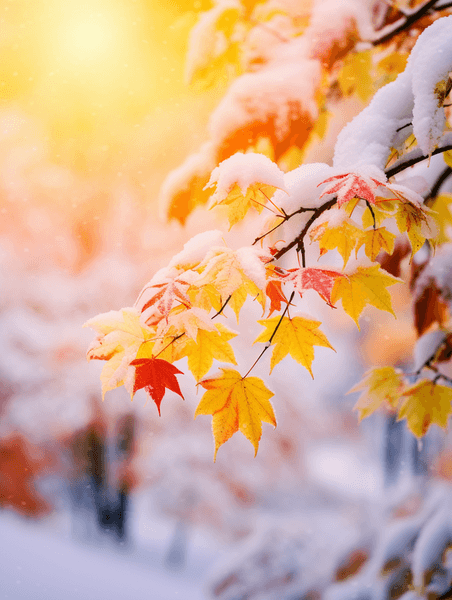 潮国创意雪花飘落在树叶上冬天冬季大雪
