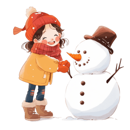 潮国创意迎新年元素可爱女孩堆雪人卡通手绘