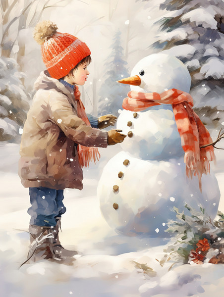 潮国创意院子里的雪人和小男孩3冬天堆雪人