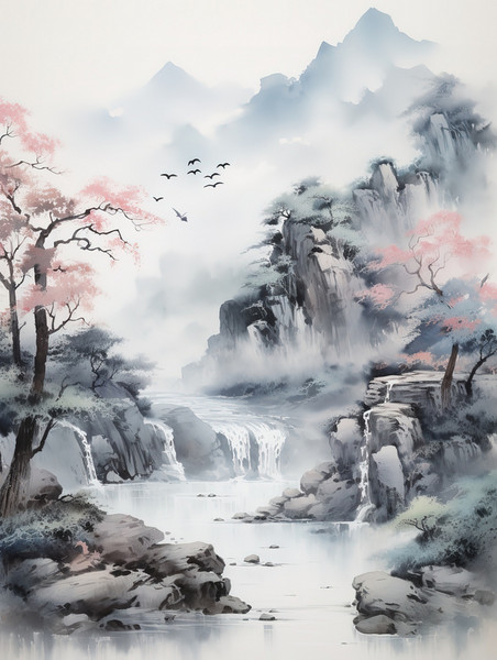 创意云雾弥漫的群山山水画中国风水墨意境国画