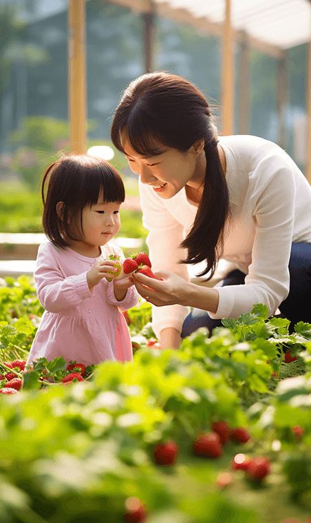 创意妈妈带着孩子在草莓园采摘亚洲人像母婴亲子