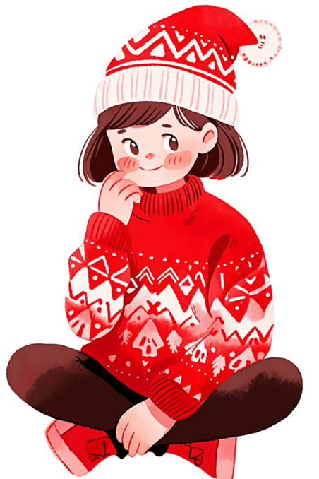 潮国创意新年圣诞节可爱女孩卡通元素手绘人物冬天毛衣