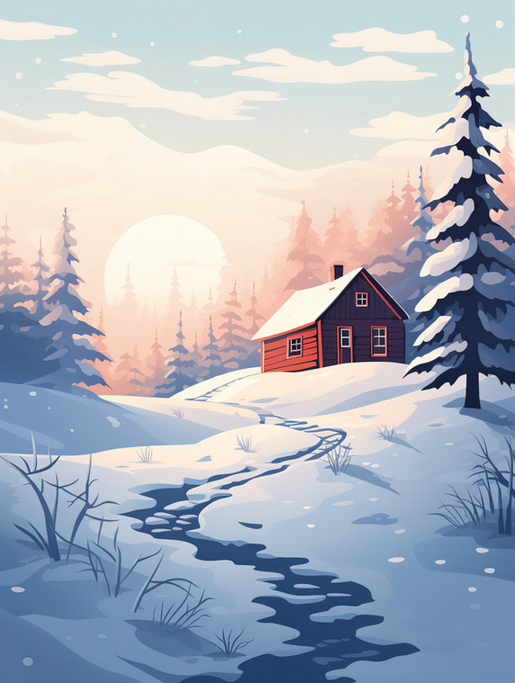 潮国创意白雪包围的冬季小屋19冬天雪景卡通森林扁平插画