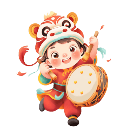 潮国创意中国风卡通手绘春节小孩敲鼓2年俗舞狮打鼓
