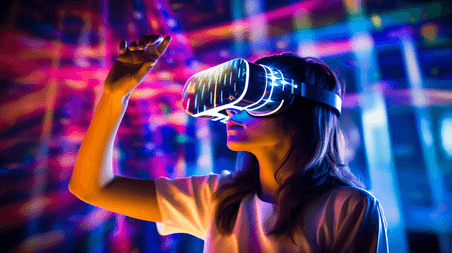 潮国创意妇女使用虚拟现实VR增强现实沉浸式娱乐概念
