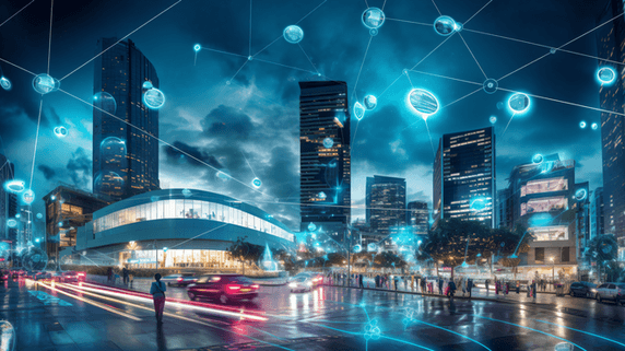 潮国创意智慧城市智能服务和图标物联网网络在蓝色背景商务城市