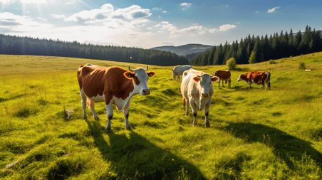 潮国创意在草地上吃草的牛草原放牧动物畜牧业