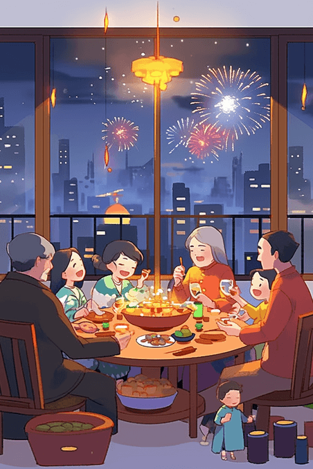 创意家人团聚新年烟花手绘插画一家人除夕夜年夜饭
