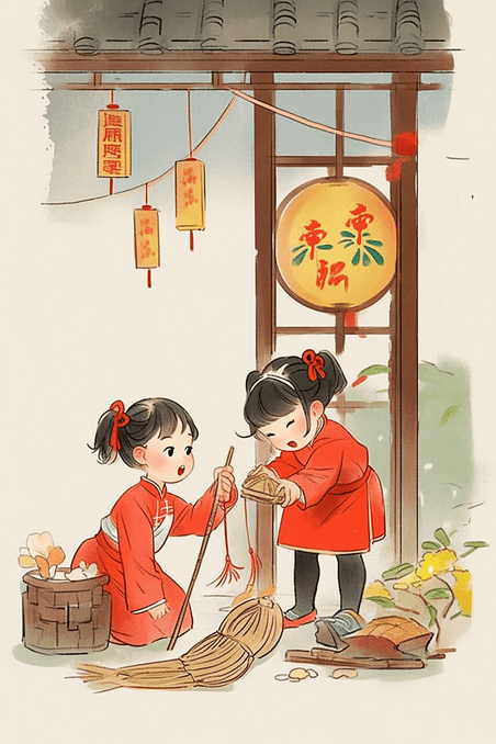 潮国创意扫除孩子古典手绘插画年俗春节过年