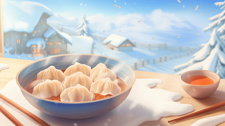 潮国创意冬季水饺美食插画22冬至春节除夕