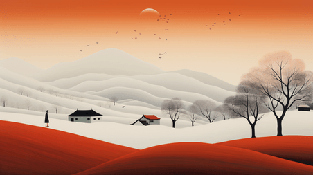 潮国创意橙色冬季田野风景插画23扁平意境抽象简约
