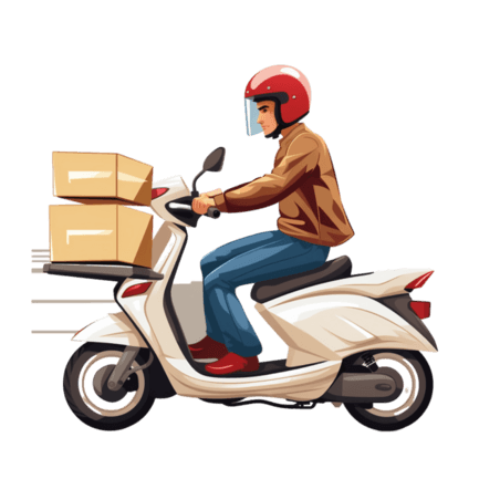 潮国创意男人骑着轻便摩托车，箱子从后备箱里掉出来商务办公