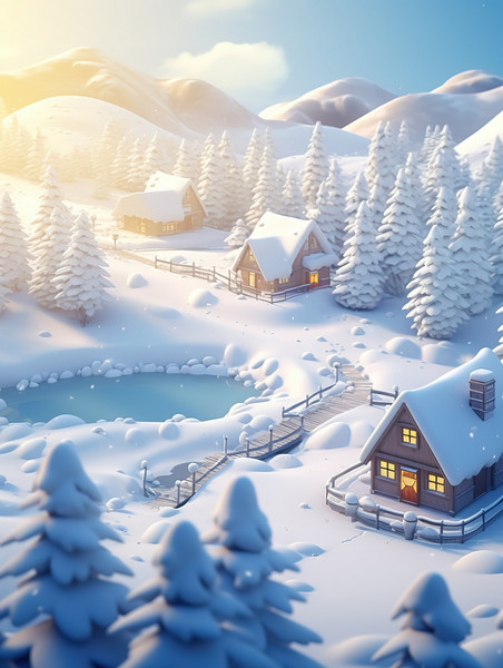 创意冬季雪景雪乡雪谷3矢量插画冬天微景观雪景雪地