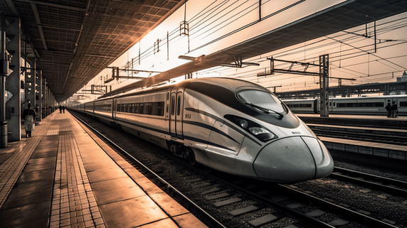 潮国创意火车站高铁站科技发达高速行驶的动车