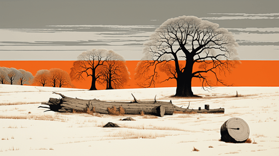 创意冬季天野雪地枯树插画29简约抽象扁平夕阳