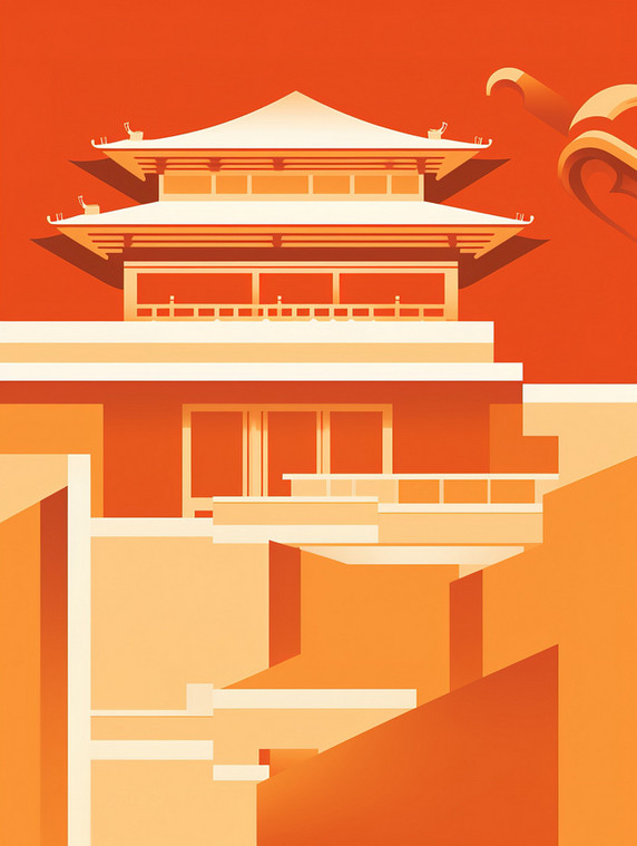 潮国创意宫殿建筑屋檐优雅橙色2撞色简约几何