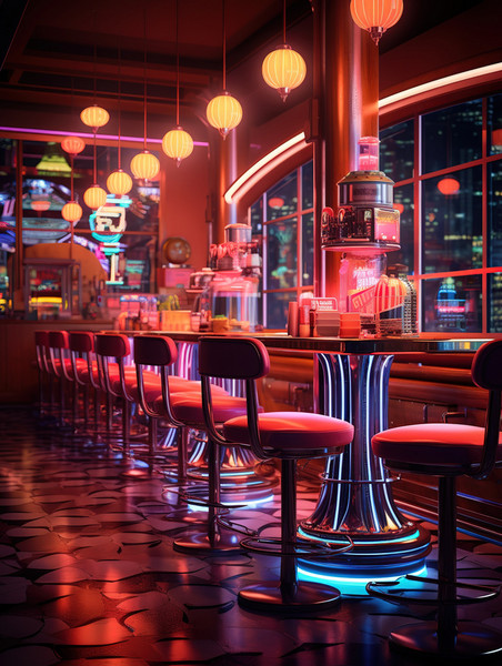 潮国创意霓虹灯下的现代复古风格咖啡馆14赛博朋克酒吧