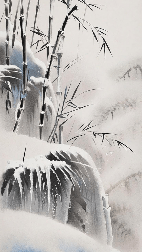 潮国创意冬天水墨风竹子大雪大寒节气背景雪景大雪