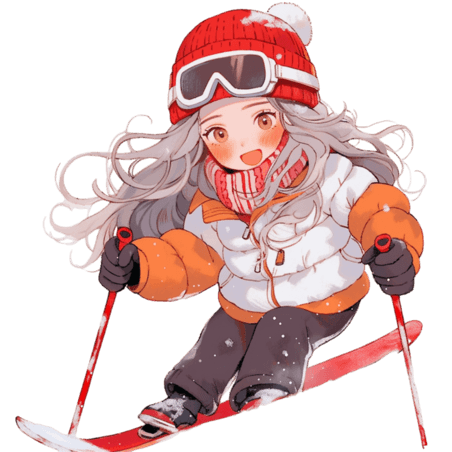 潮国创意冬天手绘可爱的女孩滑雪卡通元素