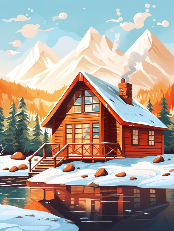 潮国创意温暖木屋窗外雪景5温馨冬天别墅旅游度假民宿