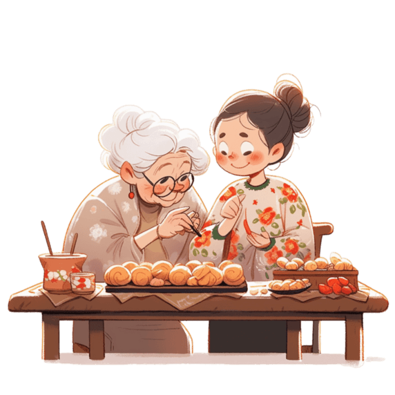潮国创意新年奶奶和孩子手绘元素做糕点卡通春节包饺子