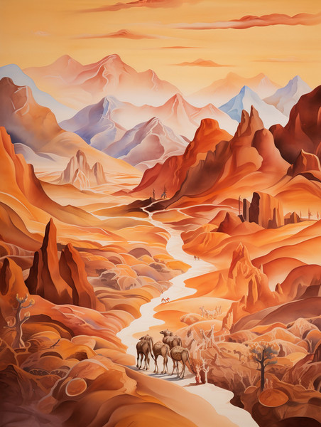 潮国创意丝绸之路山脉行走的骆驼8敦煌沙漠