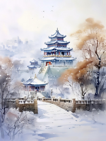 创意冬季中国建筑淡水彩画10古建筑冬天雪景
