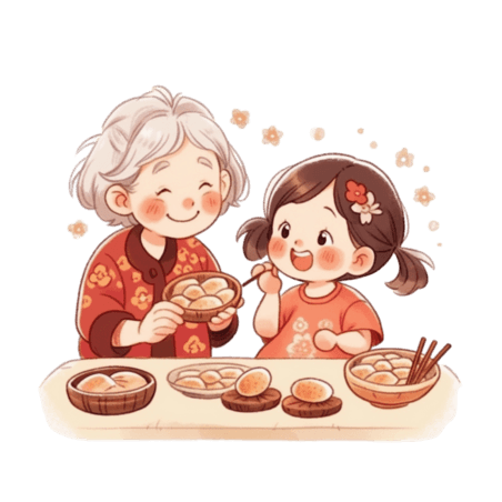 潮国创意新年奶奶和孩子做糕点卡通元素手绘春节包饺子