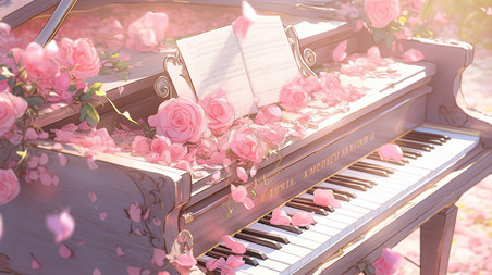 潮国创意玫瑰花海中的钢琴2音乐浪漫唯美