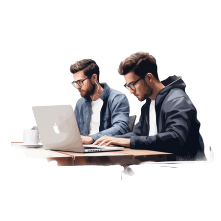 潮国创意两个男人坐在桌子旁用笔记本电脑工作商务办公